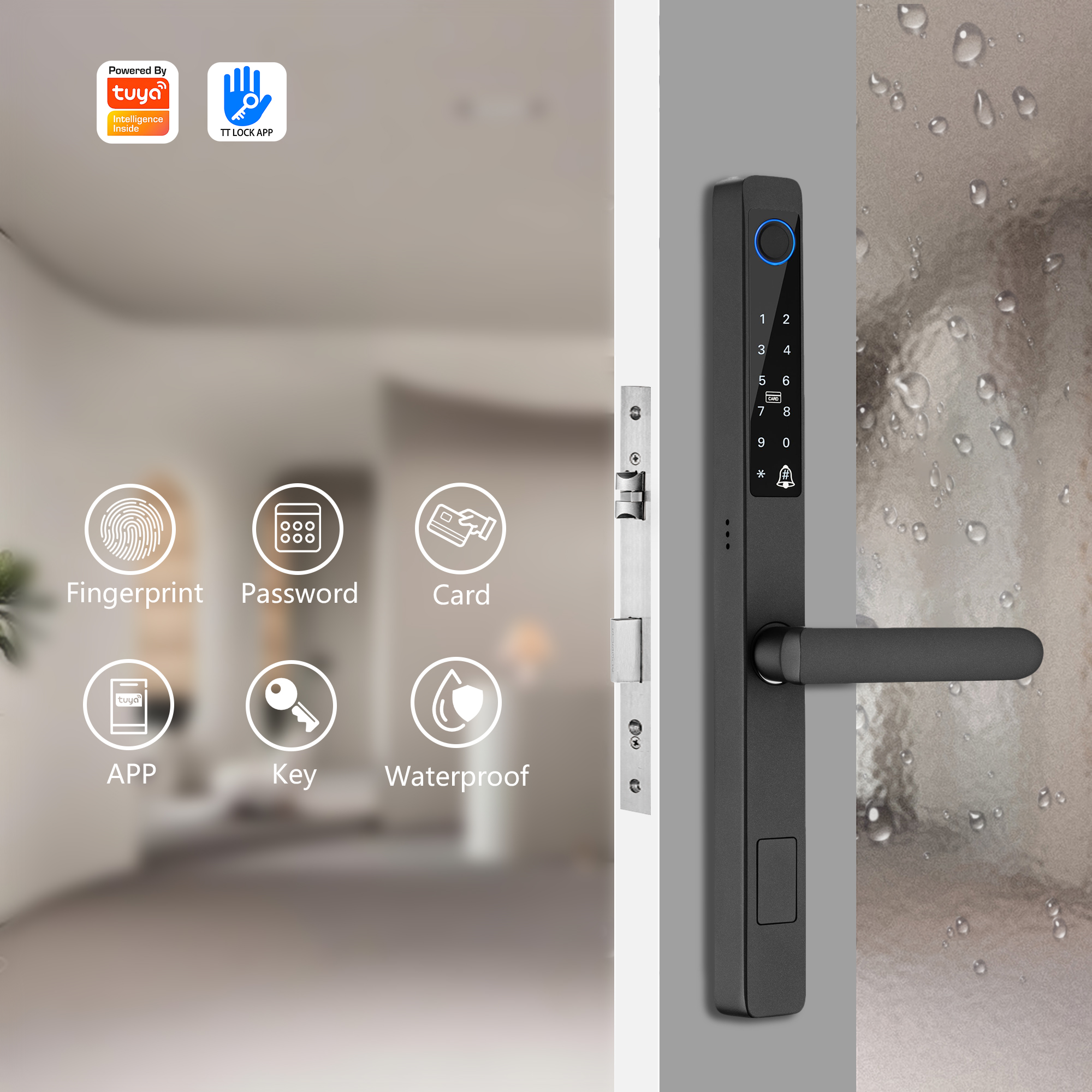 Smart Door Lock| IP68 waterproof feature · Password/APP/Key swipe/Key card multi-mode unlocking · Compatible with casement sliding doors of aluminum alloy