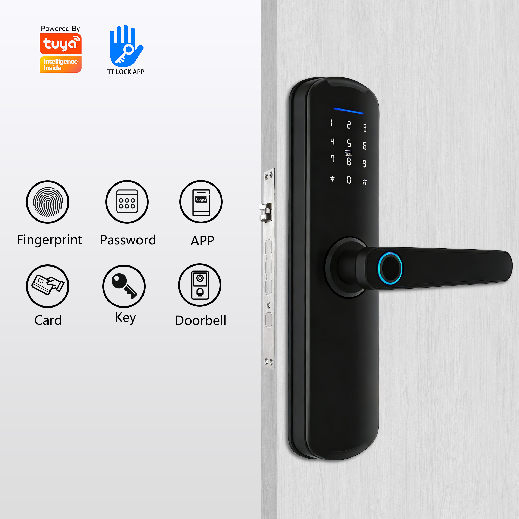 Tuya TTLock 6-in-1 Smart Door Lock with Fingerprint, Password, APP, Card, Key & Doorbell — WiFi Remote Control for Home & Apartment