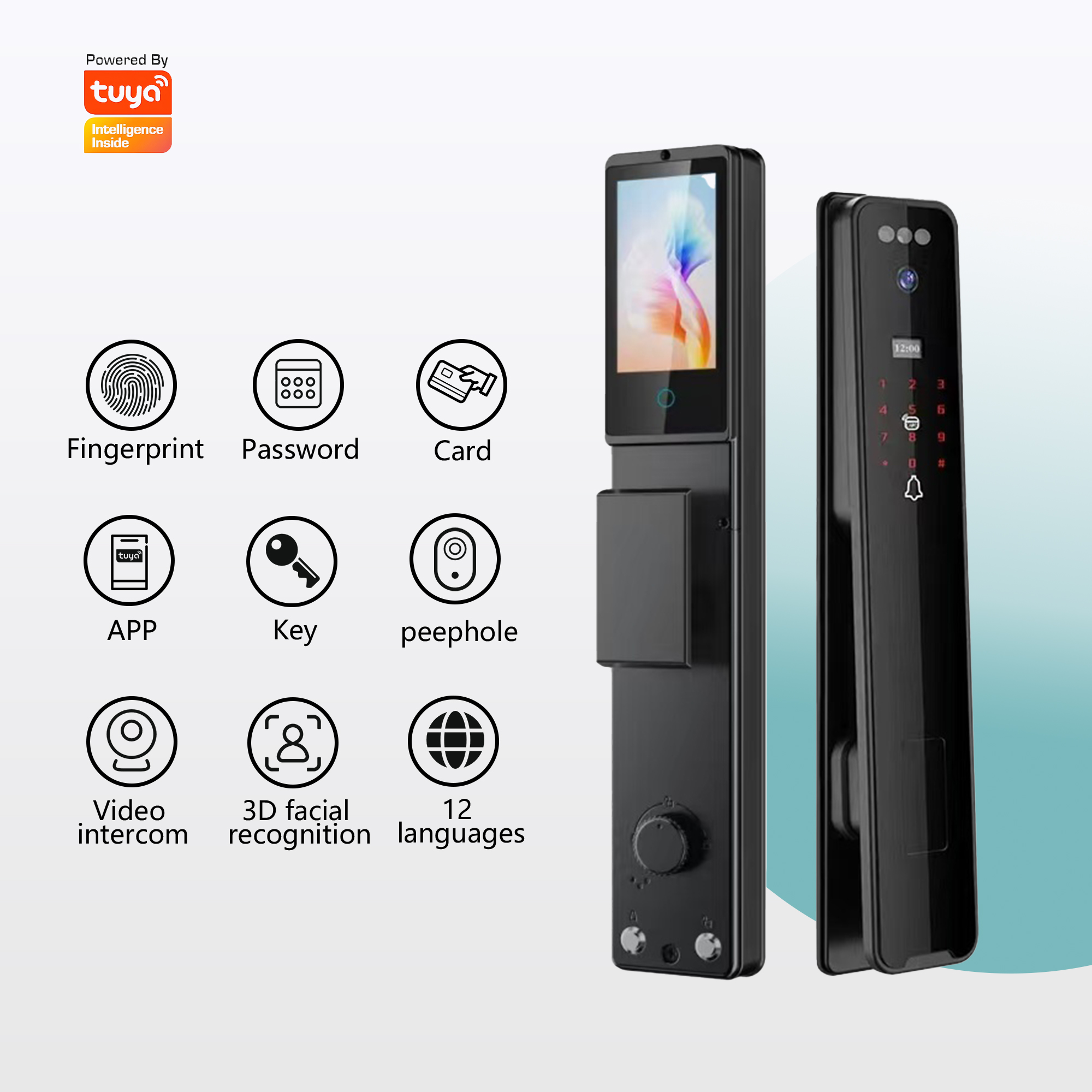 Smart Door Lock with 3D Face ID & Live Video Peephole – Tuya WiFi Enabled, Fingerprint + Card + Key Backup, 16-Language Interface for Global Homes