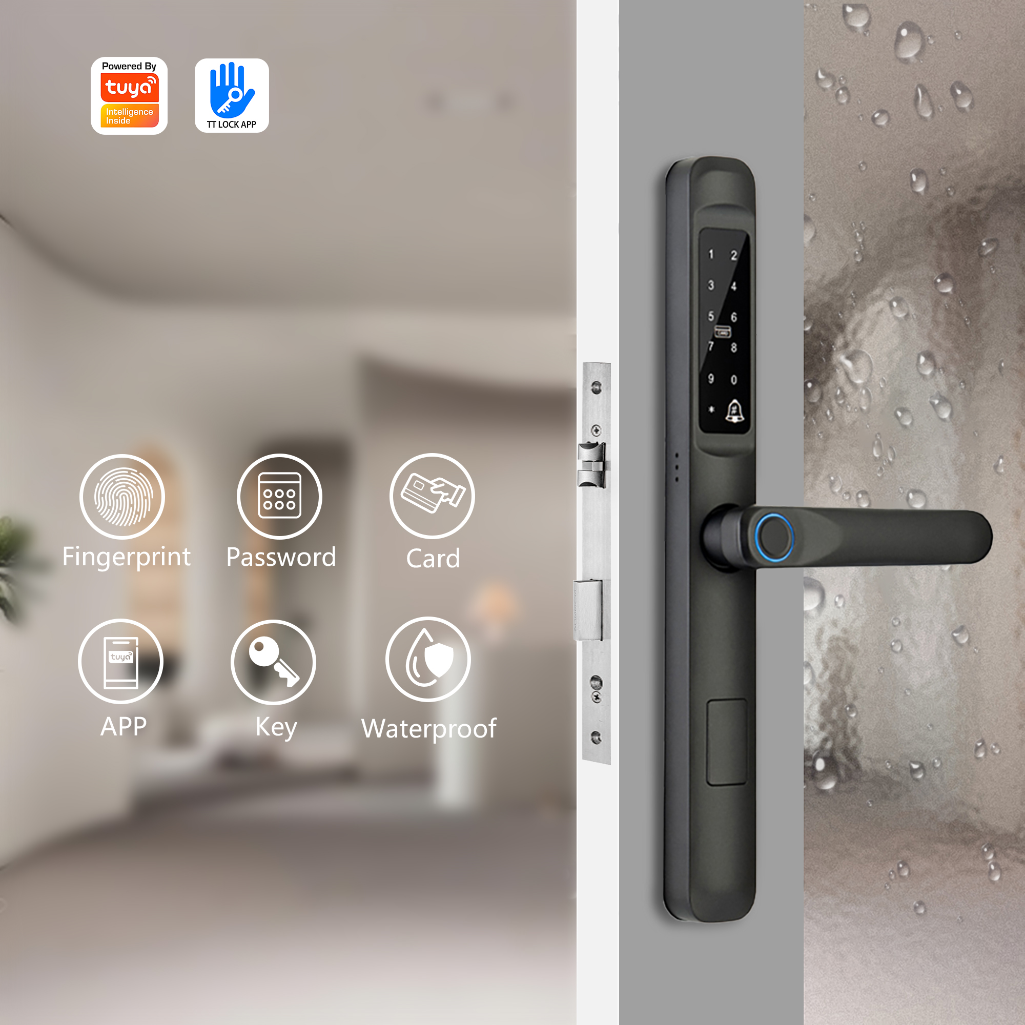 Tuya Smart Waterproof Fingerprint Lock | Multi-Mode Unlock via App/Password/Card/Key, Ideal for Slim Aluminum Doors