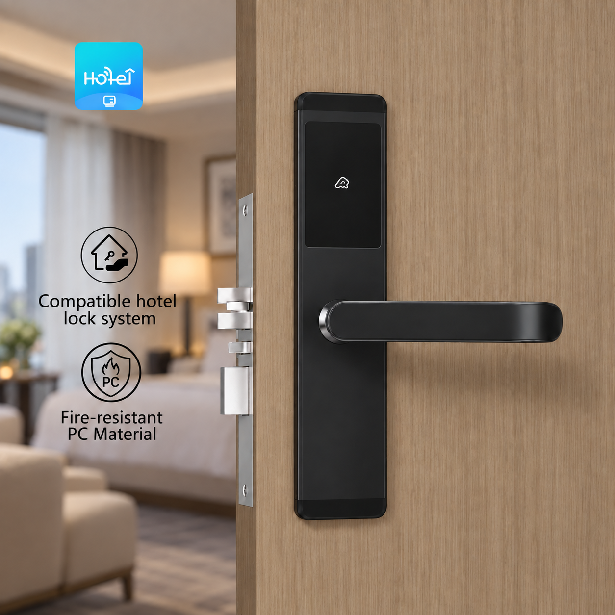 Fireproof PC Smart Door Lock for Hotels | Universal System Compatibility & Durable Black Finish