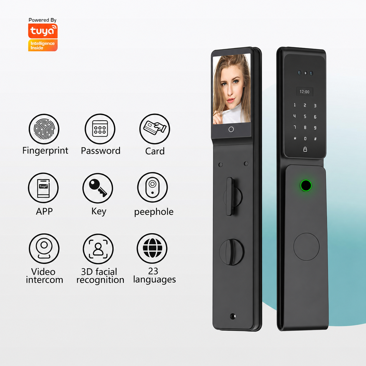 **Tuya Wifi Smart Door Lock With 3D Facial Recognition, Video Intercom & Indoor Screen, Fingerprint Password Card App Key Unlock For Home Apartment Entry Door**