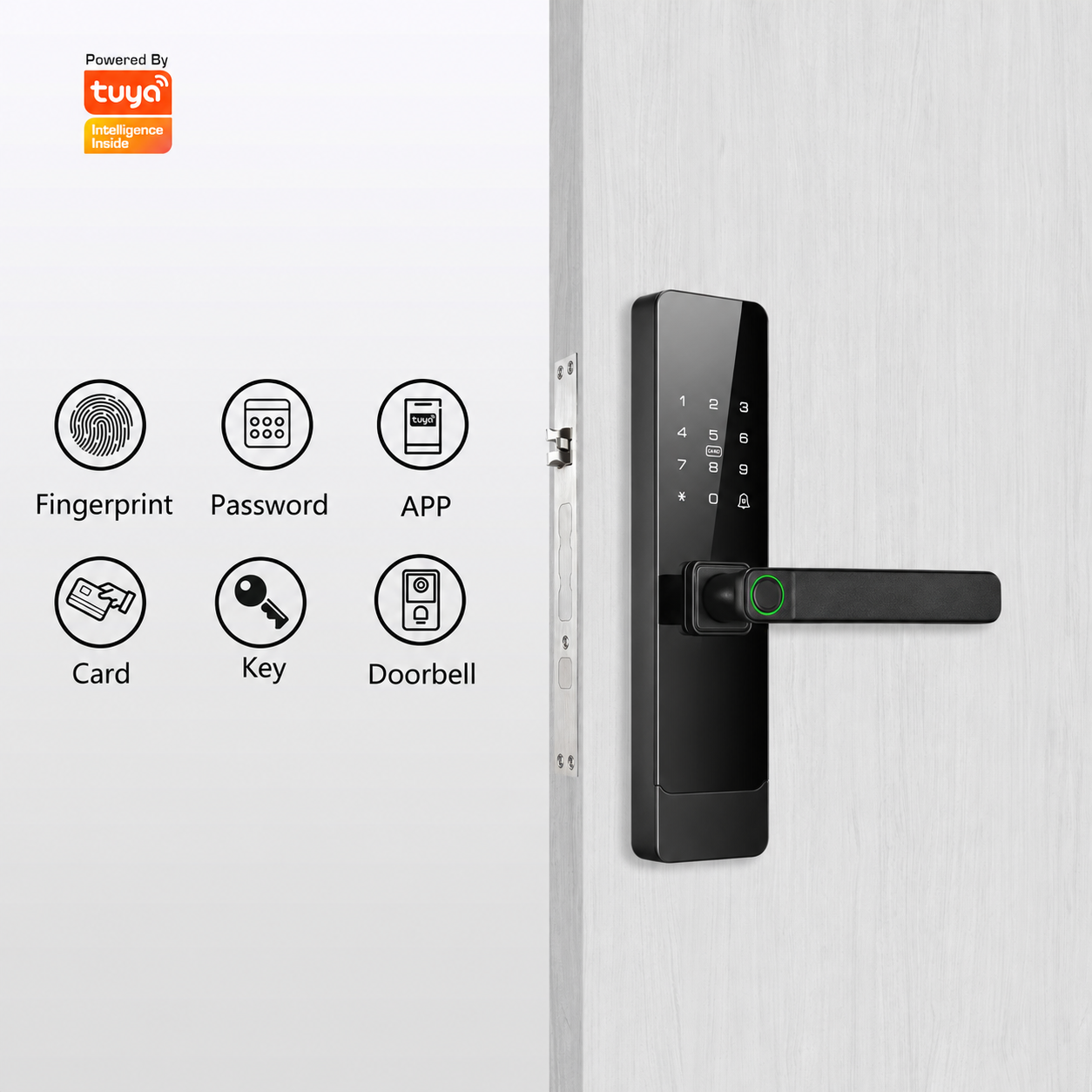 Tuya Smart Fingerprint Door Lock, Keyless Entry Electronic Handle Lock With Password, RFID Card, App, Key & Doorbell For Home Apartment Security